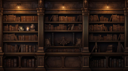 Old bookshelf with books and candles. 3D rendering.の素材