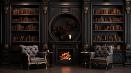 Luxury interior with fireplace and armchairs. 3d renderの素材