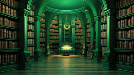 3D rendering of an old library with green books and a chairの素材
