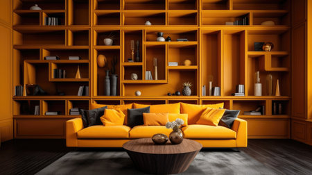 Modern living room with yellow sofa and bookshelf. 3D renderingの素材