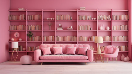 Pink living room with bookshelf and pink sofa - 3d renderingの素材