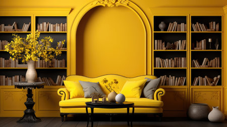Yellow interior with bookshelf and yellow sofa. 3d renderの素材