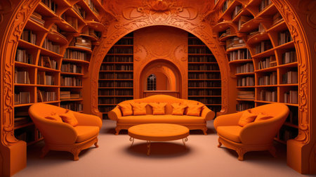 Interior of a library with orange armchairs and bookshelf