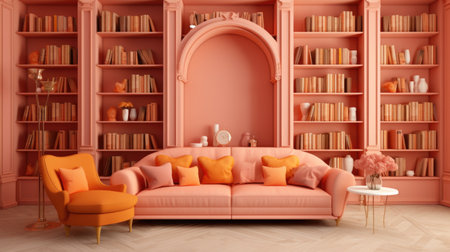 Living room with orange sofa and bookshelf - 3d renderingの素材