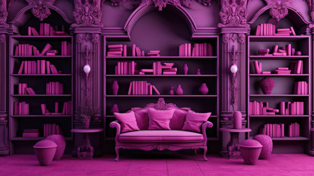 Purple vintage bookshelf with books and sofa - 3d renderingの素材