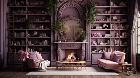 Luxury living room interior design with fireplace, armchair and bookshelf. 3d renderの素材