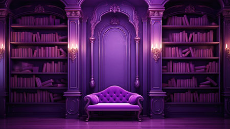 Luxury purple interior with bookshelf and armchair. 3D renderingの素材