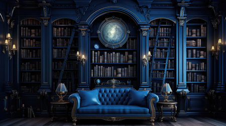 Classical library interior with blue sofa and bookshelf - renderingの素材