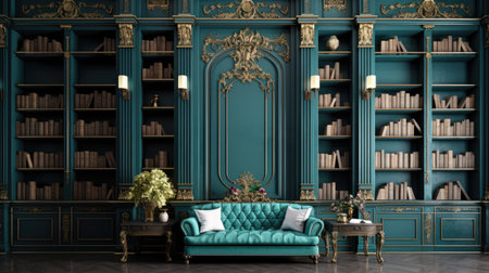 Interior of classic green living room with classic furniture 3D renderingの素材