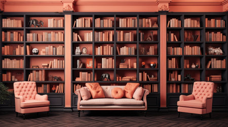 Living room with bookshelf, sofa and armchair. 3d renderの素材