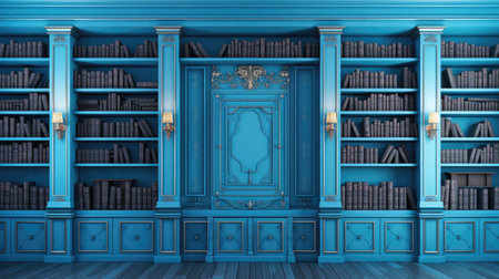 Blue classic bookshelf in the library. 3D rendering.の素材
