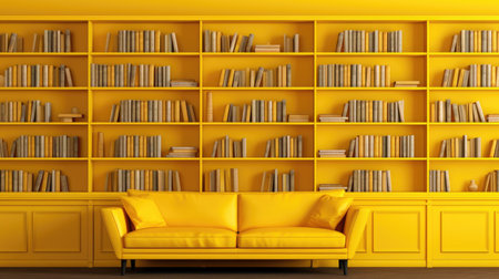 Yellow bookshelf with books and yellow sofa. 3d renderingの素材
