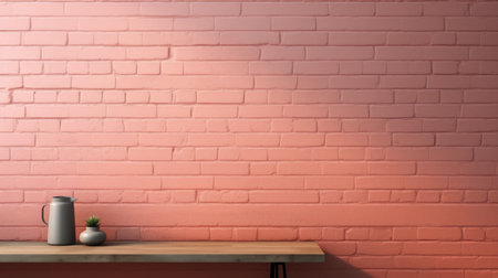 Wood table with vase and lamp on pink brick wall background.の素材