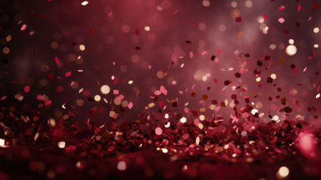 Red confetti on a dark background. Festive background with bokeh defocused lights.の素材
