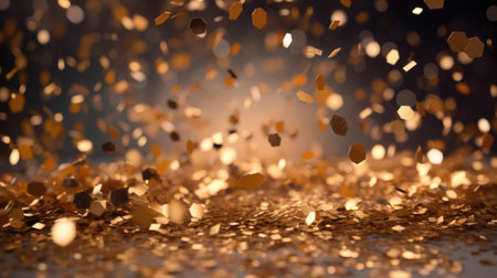 Golden confetti on a dark background. Festive background. 3d renderingの素材