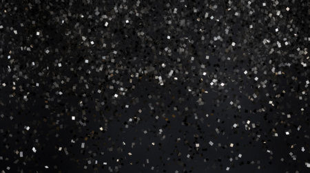 Silver glitter luxury sparkling confetti. Scattered small gold particles on black background. Elegant festive overlay template. Captivating vector illustration.の素材