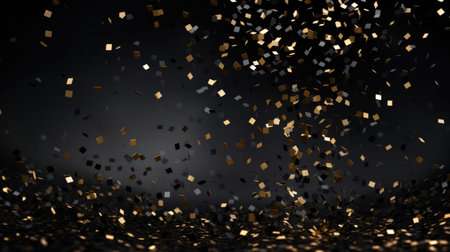 Golden confetti on black background. 3d rendering, 3d illustration.の素材
