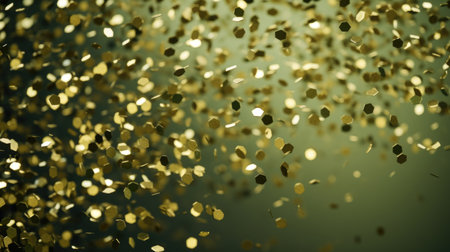 Golden confetti on a green background. Festive abstract background.の素材