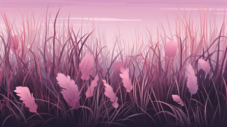 Illustration of purple reeds and grasses in the evening.の素材