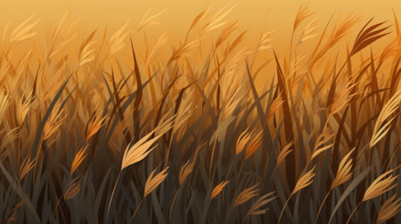 Illustration of a reed field at sunset with a golden backgroundの素材