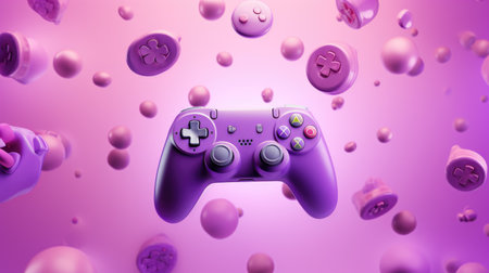 Realistic 3D Render of Gamepad with Flying Balls on Pink Backgroundの素材