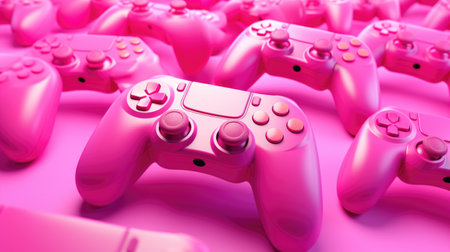 pink video game controllers on pink background. 3d render illustrationの素材