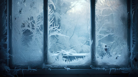 Frosty winter window. Frosty winter window. Blue tonedの素材