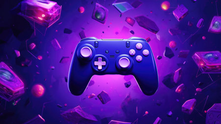 Gamepad and game chips on purple background. 3D rendering.の素材