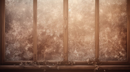 Vintage wooden window with a frosty pattern in the background.の素材