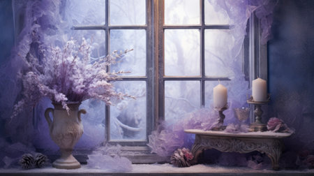 Vintage still life with a vase of dried flowers and candles on a window sillの素材