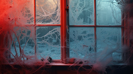 Frosty winter window at night. Beautiful winter landscape. Frozen window.の素材