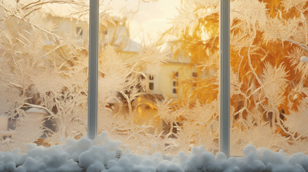 Snow on the window of a house in the winter at sunset.の素材