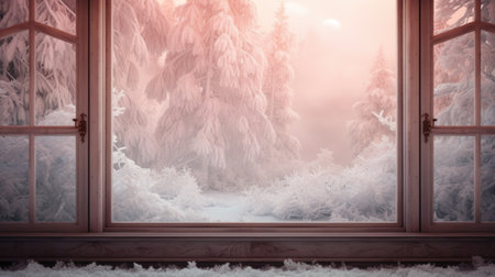 Window in winter forest. Winter landscape with snow covered trees. Christmas background.の素材
