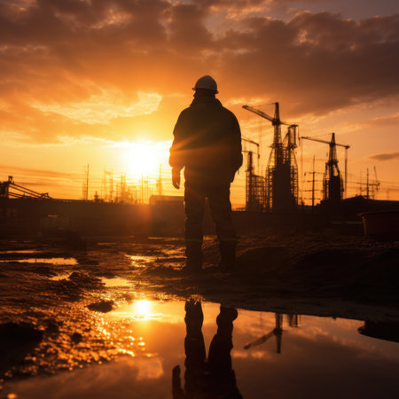 Silhouette engineer standing on construction site at sunset,sunset backgroundの素材