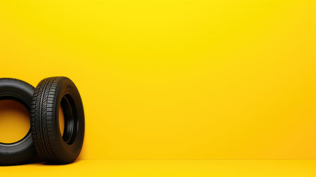 Tire on yellow background with copy space. 3d rendering.の素材