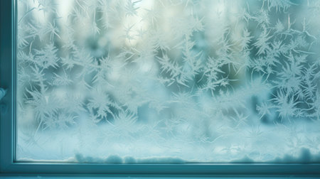 Frosty natural pattern on the window. Winter background with snowflakesの素材