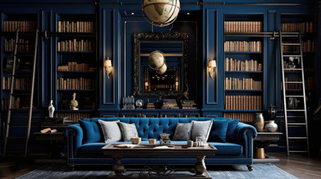 Luxury living room with blue sofa and bookshelf. 3d renderingの素材