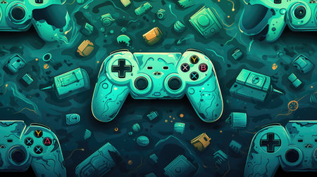 Gamepad and game console on dark blue background. Vector illustration.の素材