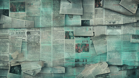 Pile of old newspapers on a grunge background. Toned.の素材