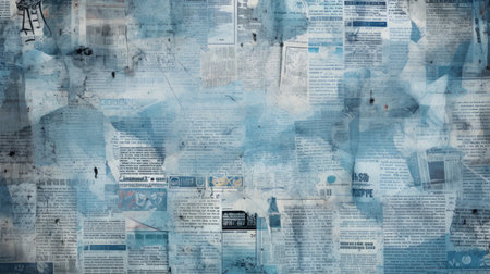 Digital composite of newspaper collage against blue grunge textured backgroundの素材