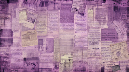 Vintage newspaper collage with various old newspapers and magazines in purple tonesの素材