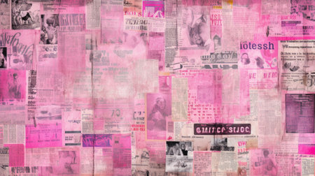 Newspaper collage with many newspapers and magazines in pink tonesの素材