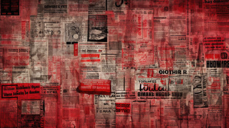 Red and black abstract background with many news related words. Collage.の素材