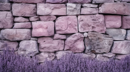 Background of stone wall texture and purple lavender flowers. Toned.の素材