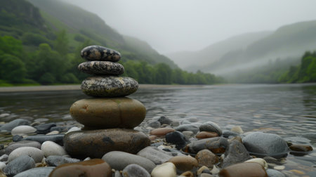 Stacked stones on the bank of a mountain river in the fogの素材