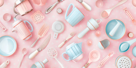 Top view of kitchen utensils on pink background. Flat layの素材