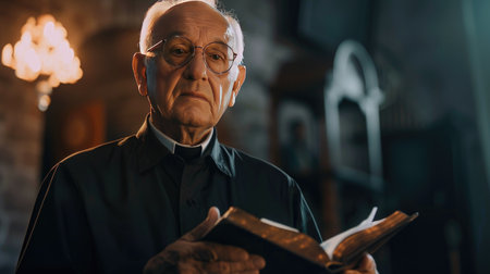 Old man reading a bible in a church. Close-up.の素材