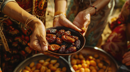 Close up of female hands holding bowl full of dates in a market.の素材