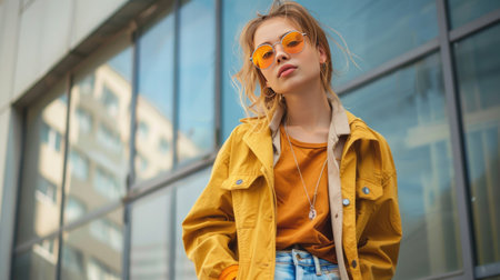 Portrait of a beautiful girl in a yellow jacket and sunglasses.の素材