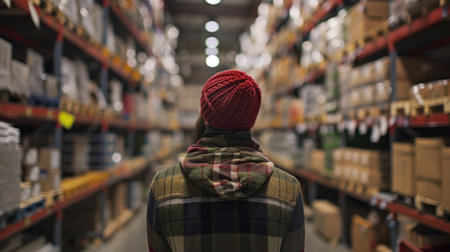 Rear view of a female warehouse worker looking at shelves in a warehouseの素材